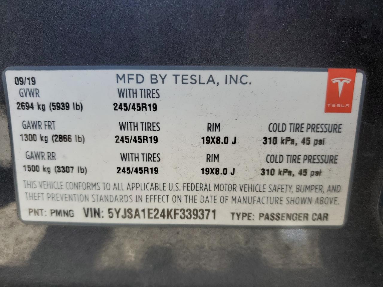 2019 Tesla Model S VIN: 5YJSA1E24KF339371 Lot: 87235495