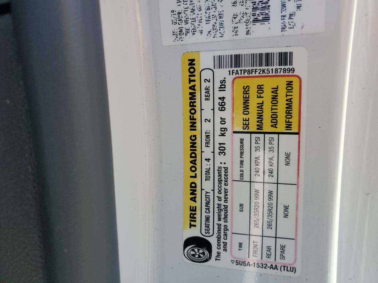 2019 Ford Mustang Gt VIN: 1FATP8FF2K5187899 Lot: 86693265