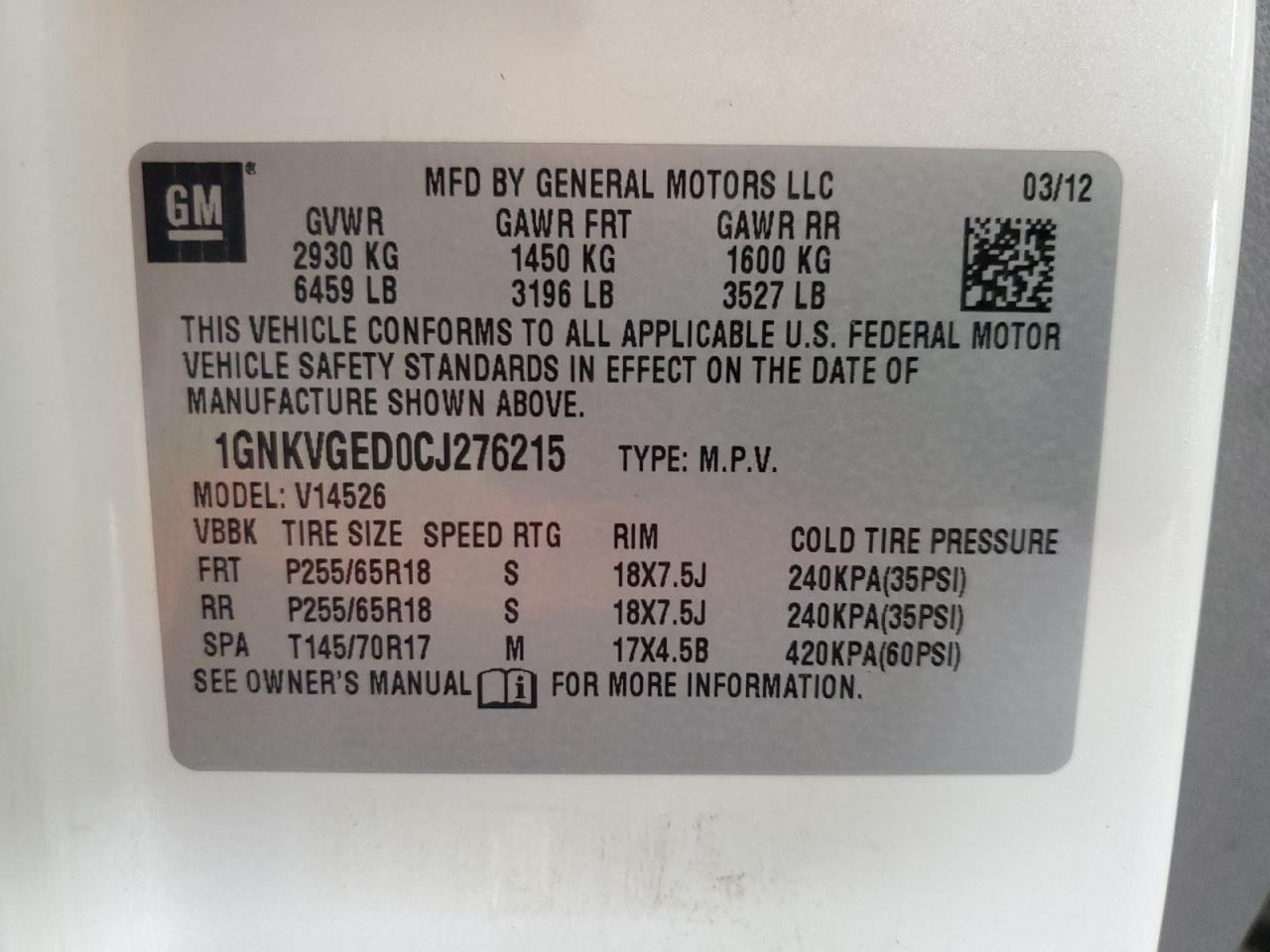 2012 Chevrolet Traverse Lt VIN: 1GNKVGED0CJ276215 Lot: 86154995