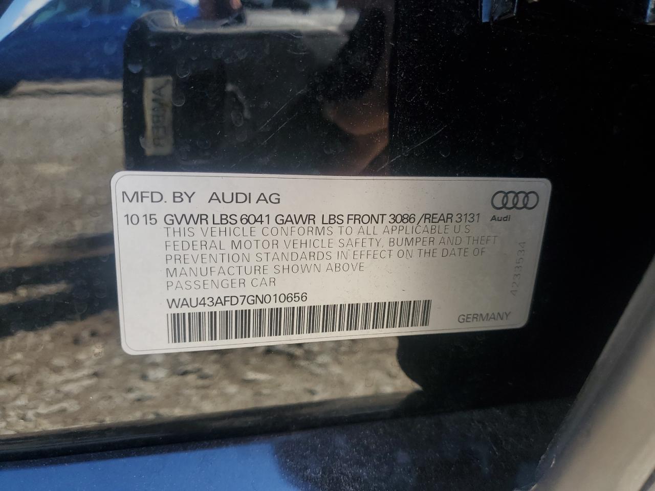 2016 Audi A8 L Quattro VIN: WAU43AFD7GN010656 Lot: 85306595