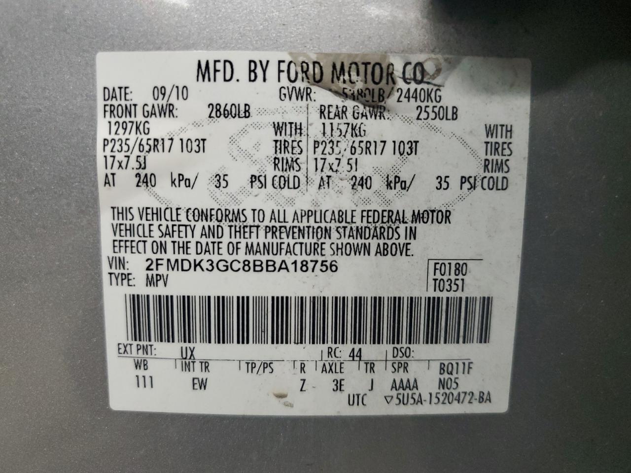 2011 Ford Edge Se VIN: 2FMDK3GC8BBA18756 Lot: 84892905