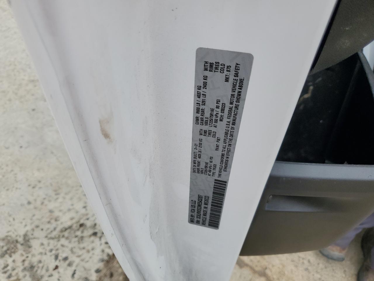 2021 Ram Promaster 2500 2500 High VIN: 3C6LRVDG3ME543287 Lot: 85845515
