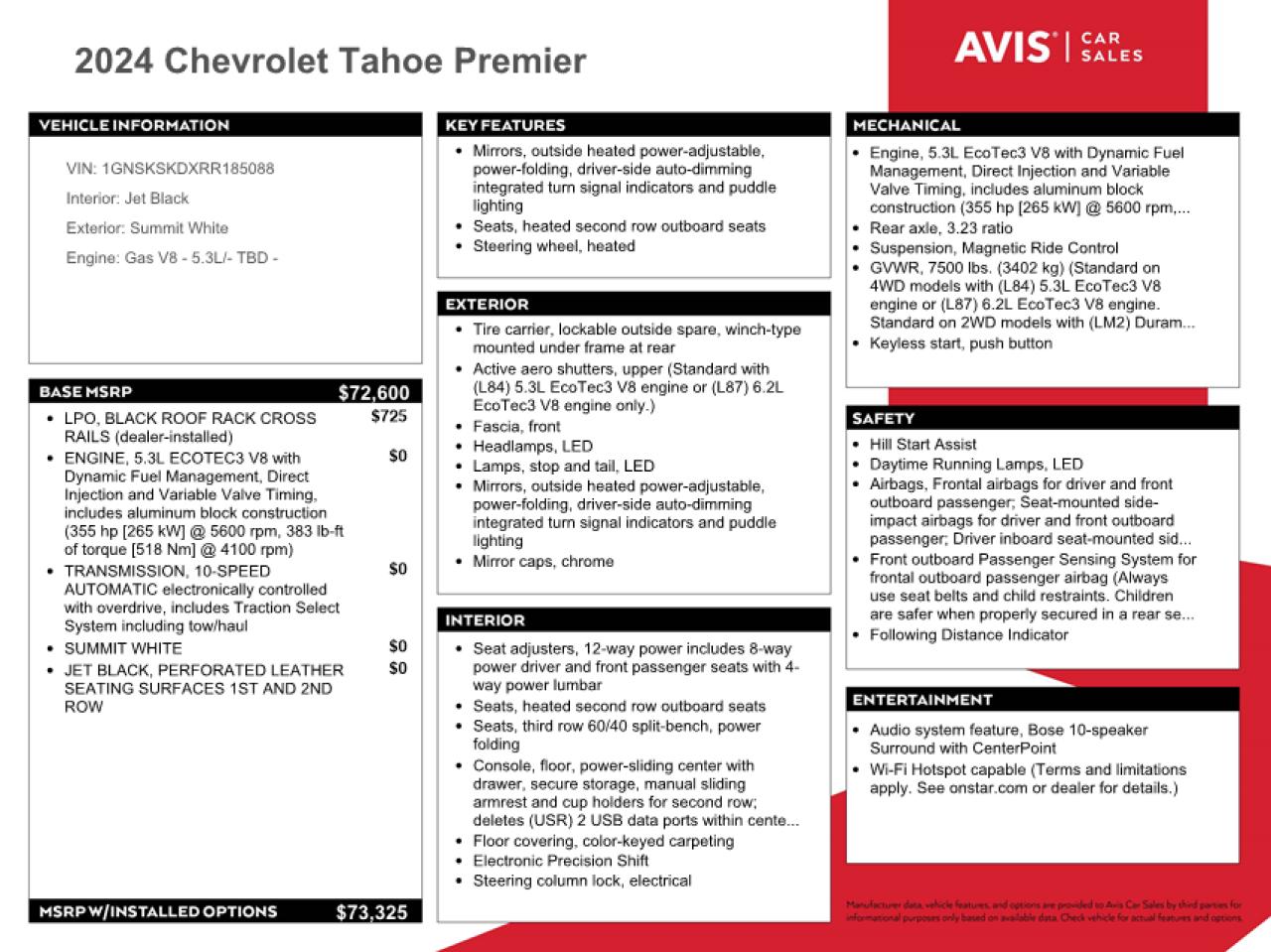 2024 Chevrolet Tahoe K1500 Premier VIN: 1GNSKSKDXRR185088 Lot: 86623725