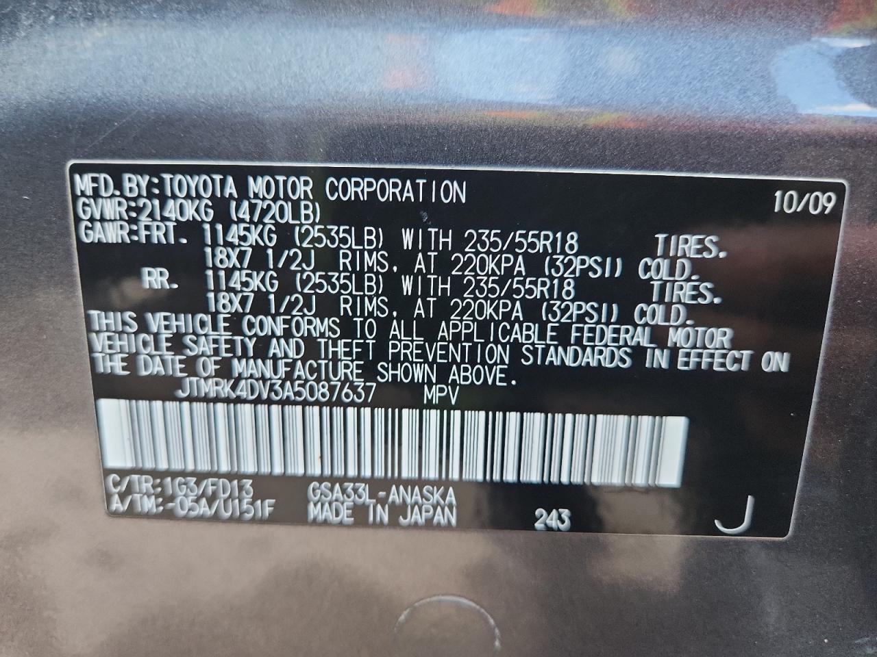 2010 Toyota Rav4 Sport VIN: JTMRK4DV3A5087637 Lot: 85744535