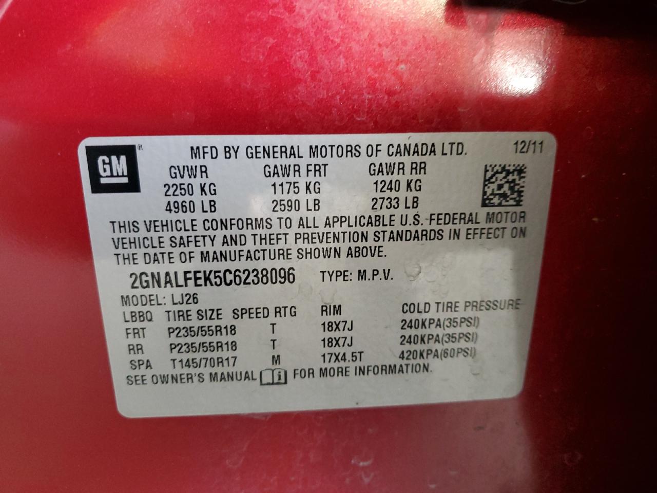 2012 Chevrolet Equinox Ltz VIN: 2GNALFEK5C6238096 Lot: 85732015