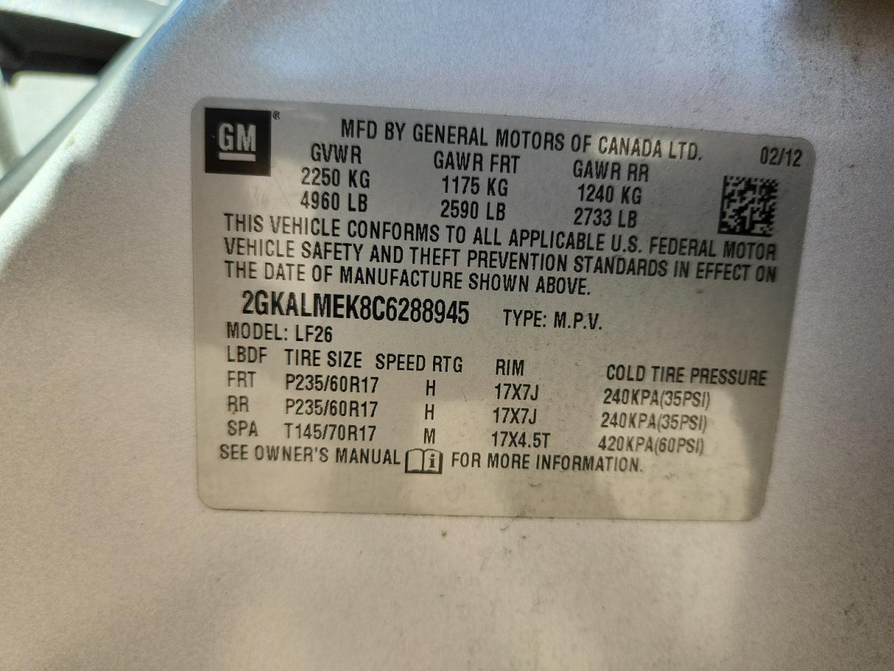 2012 GMC Terrain Sle VIN: 2GKALMEK8C6288945 Lot: 86884845