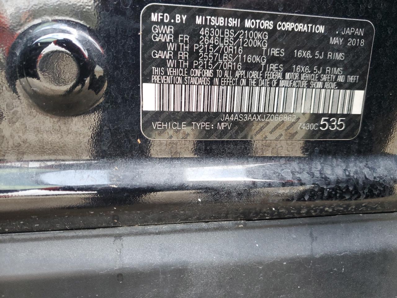 2018 Mitsubishi Eclipse Cross Es VIN: JA4AS3AAXJZ066862 Lot: 90536855