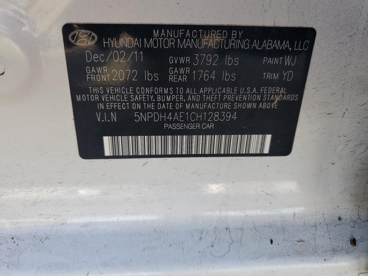 2012 Hyundai Elantra Gls VIN: 5NPDH4AE1CH128394 Lot: 85332875