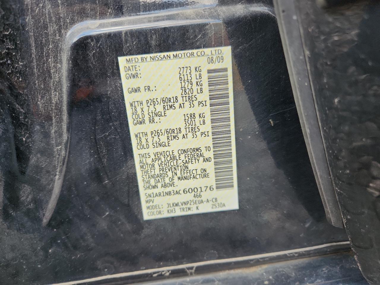 2010 Nissan Pathfinder S VIN: 5N1AR1NB3AC600176 Lot: 82099855