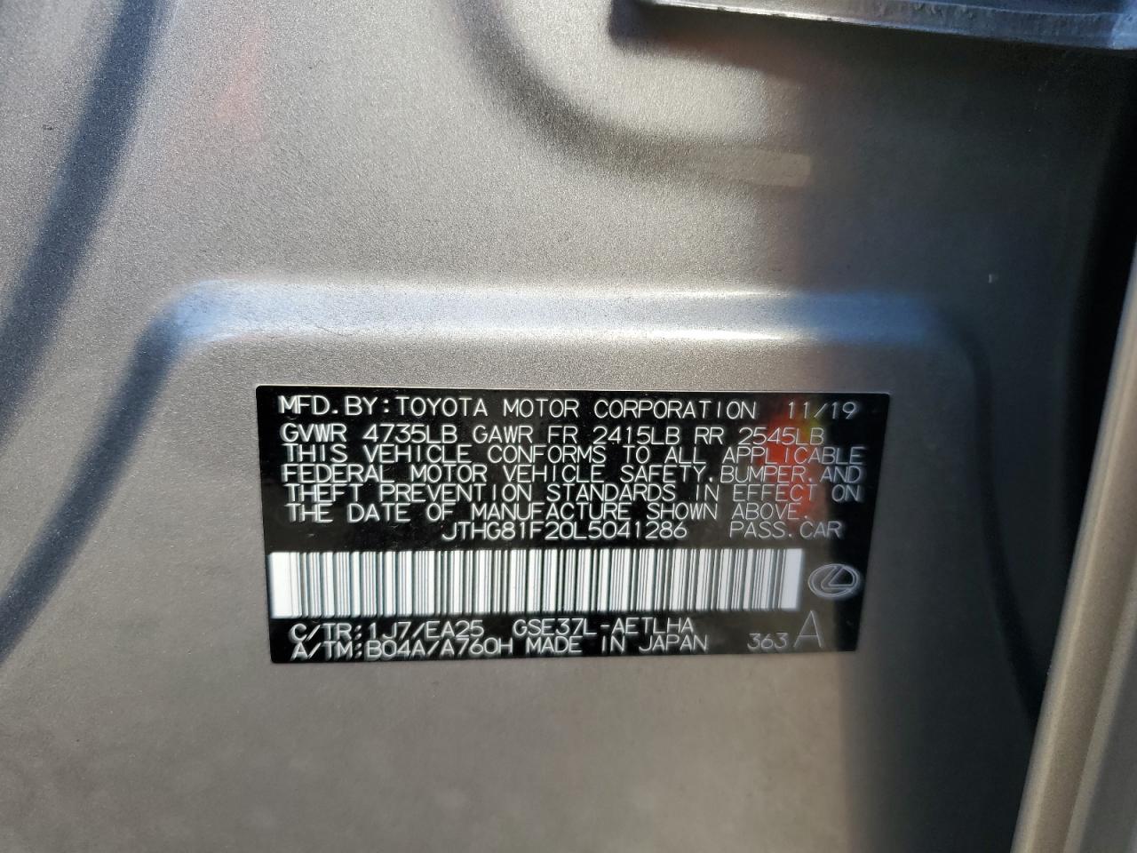 2020 Lexus Is 300 F S VIN: JTHG81F20L5041286 Lot: 86094515