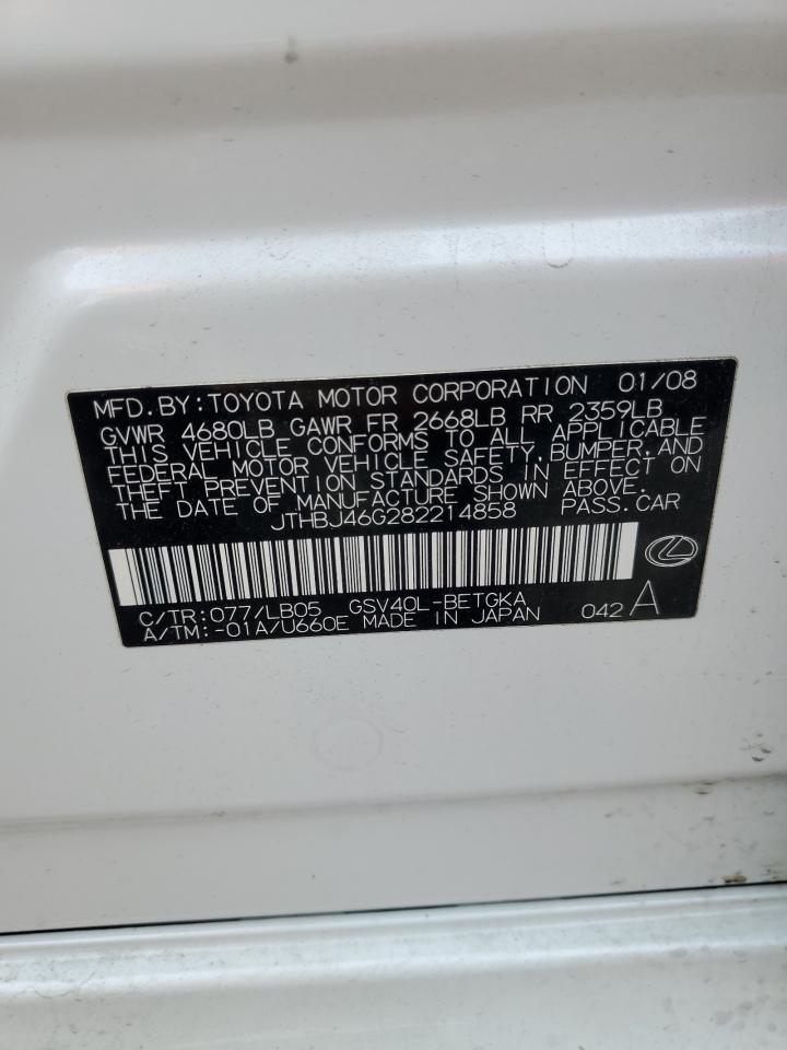 2008 Lexus Es 350 VIN: JTHBJ46G282214858 Lot: 82385365