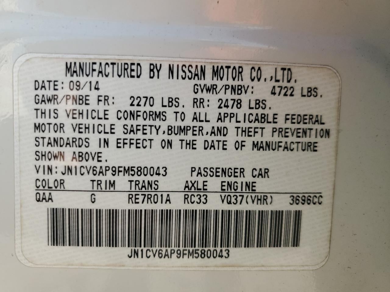 2015 Infiniti Q40 VIN: JN1CV6AP9FM580043 Lot: 90896415