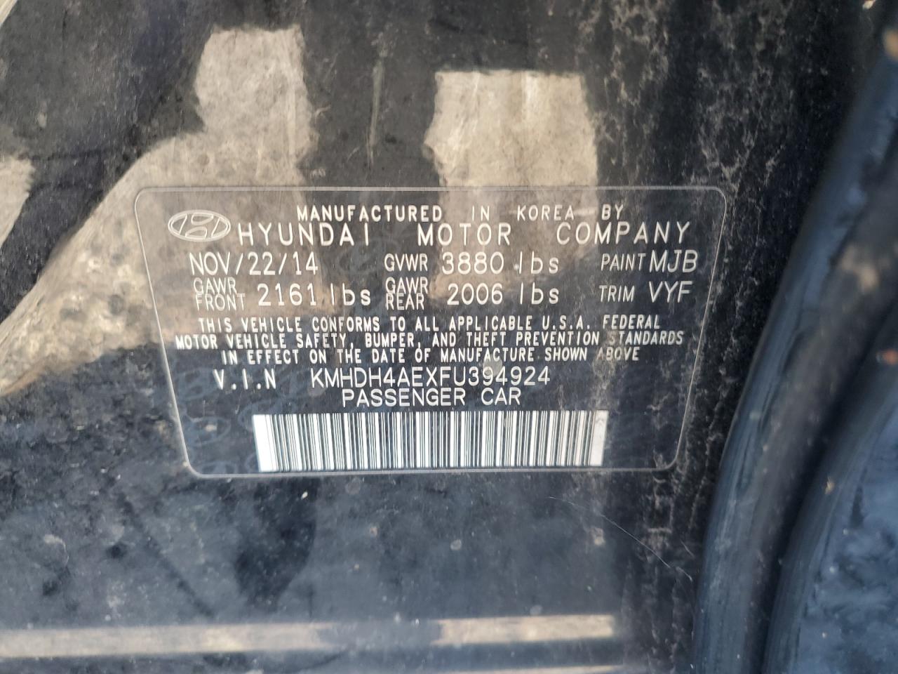 2015 Hyundai Elantra Se VIN: KMHDH4AEXFU394924 Lot: 86090825