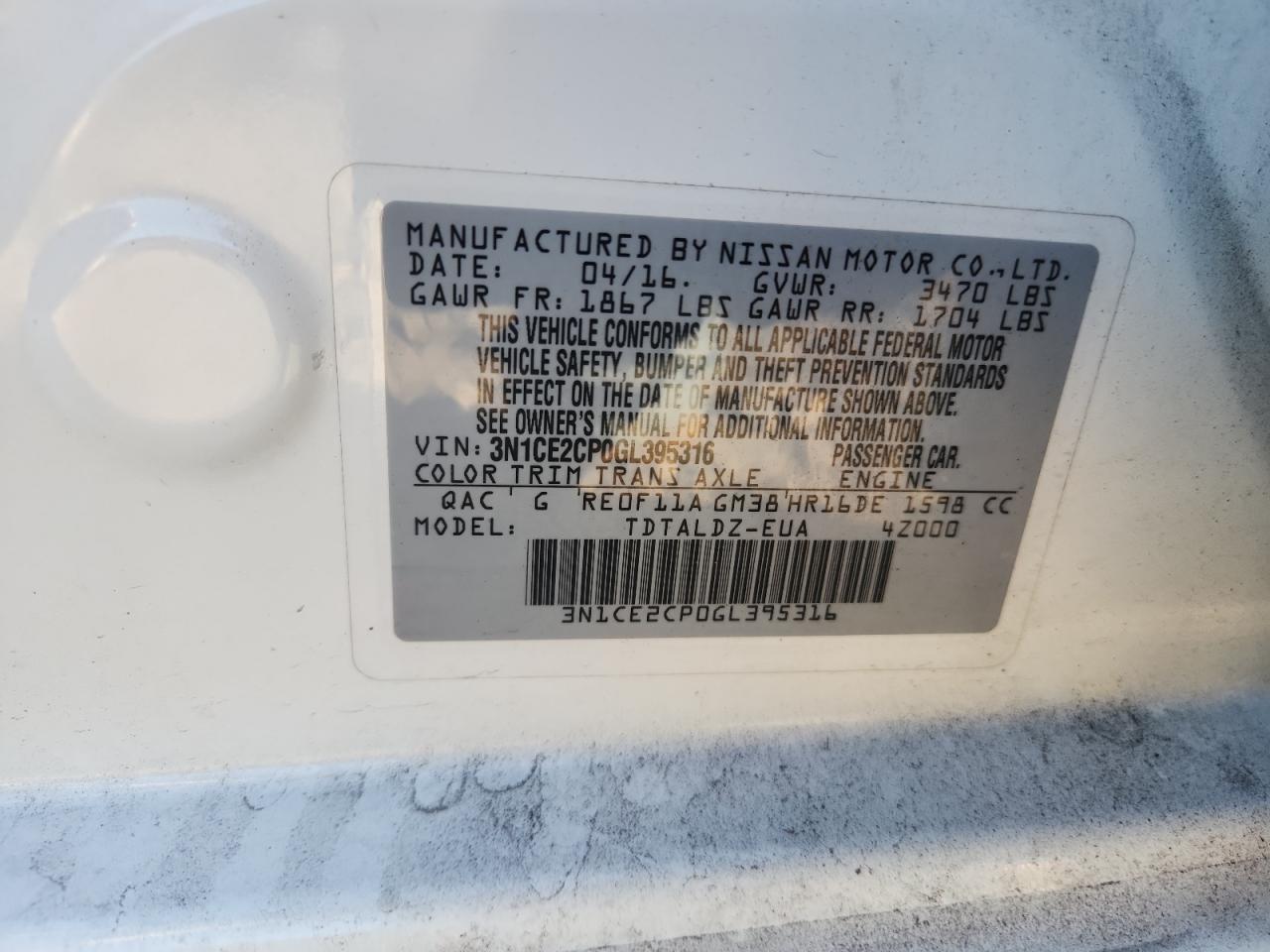 2016 Nissan Versa Note S VIN: 3N1CE2CP0GL395316 Lot: 85547735