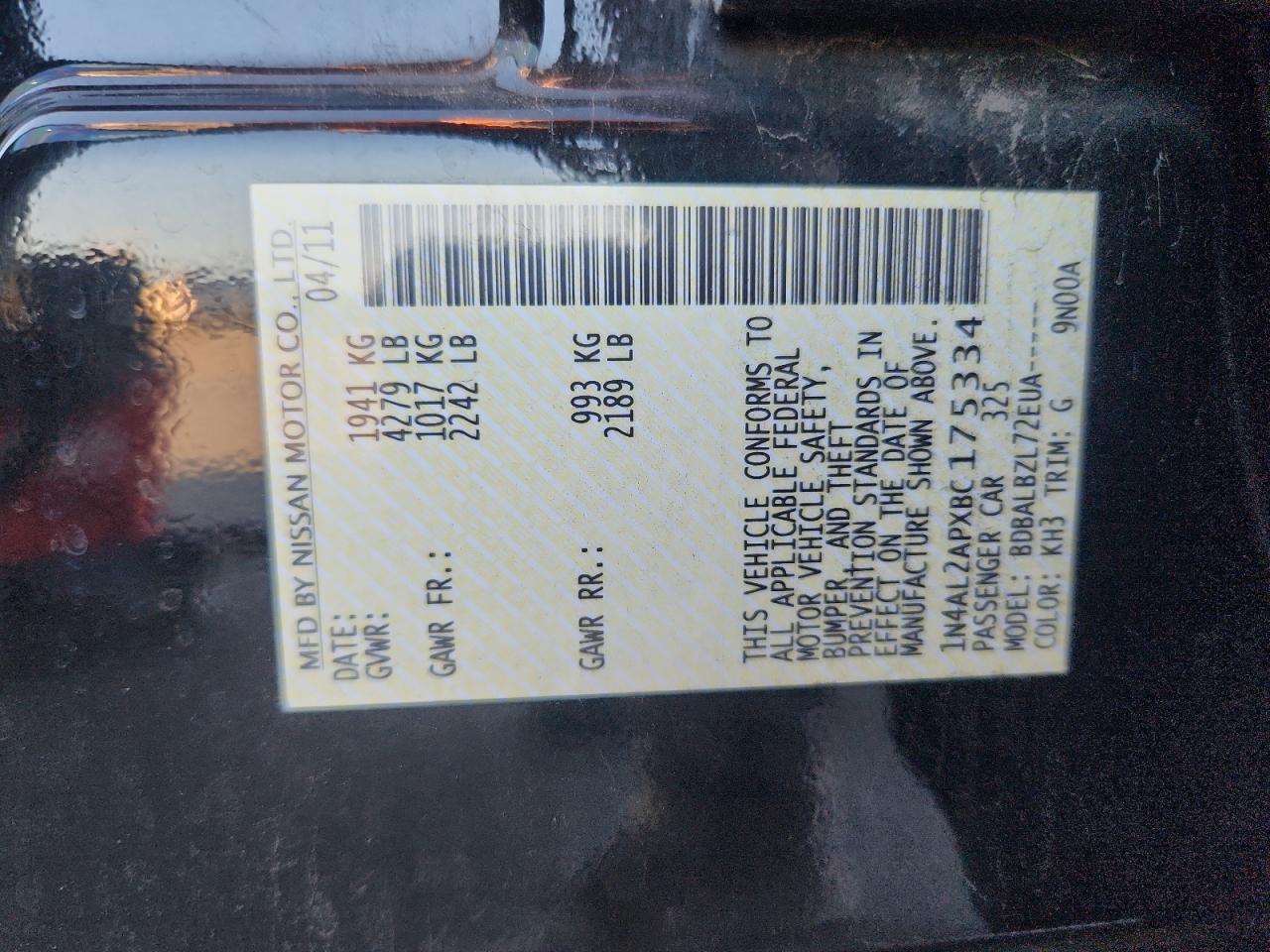 2011 Nissan Altima Base VIN: 1N4AL2APXBC175334 Lot: 87120485