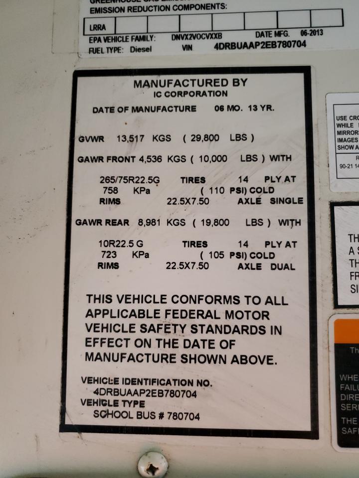 2014 Ic Corporation Ce Series School - School Bus VIN: 4DRBUAAP2EB780704 Lot: 85950465
