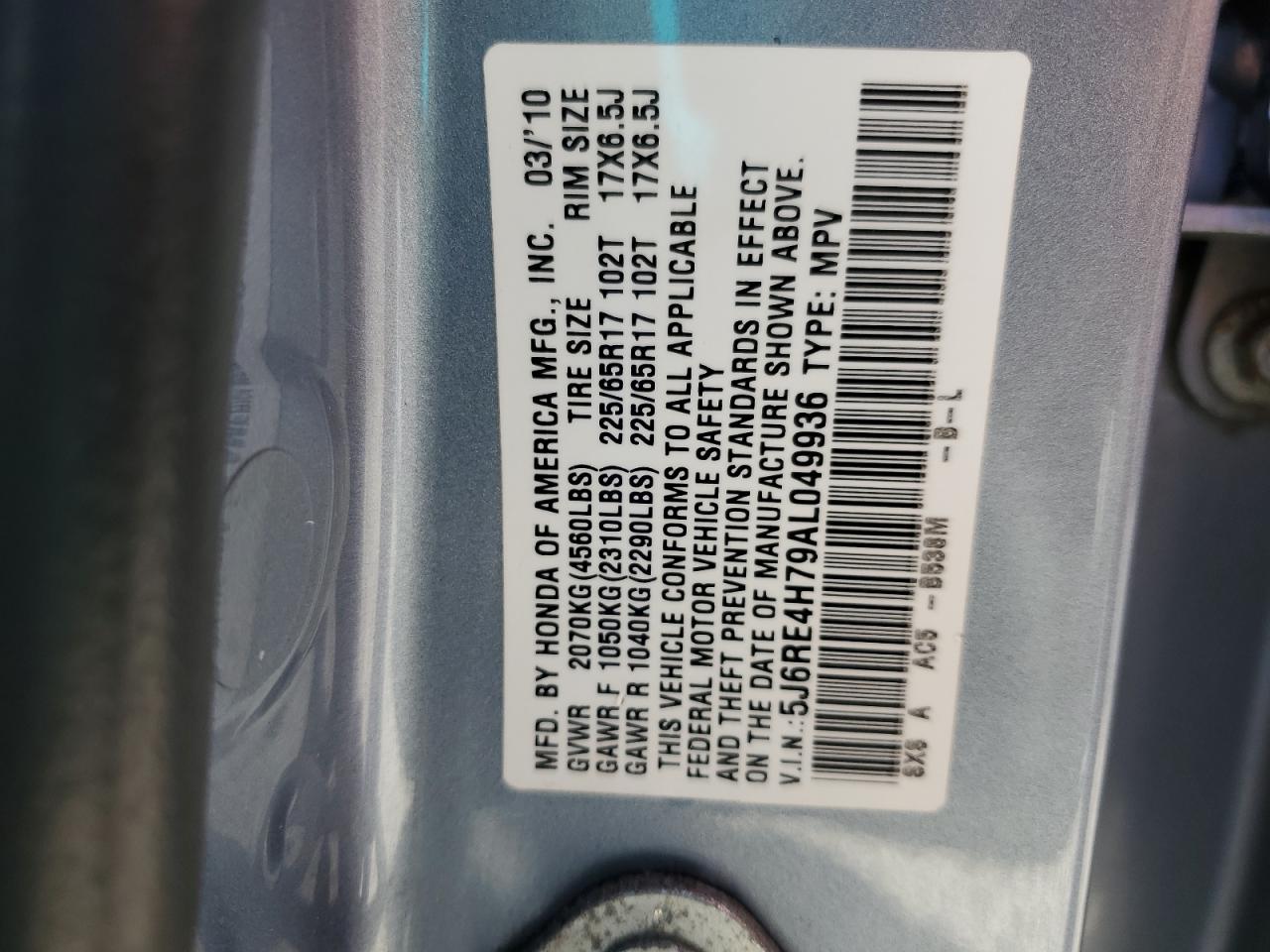 2010 Honda Cr-V Exl VIN: 5J6RE4H79AL049936 Lot: 81805965