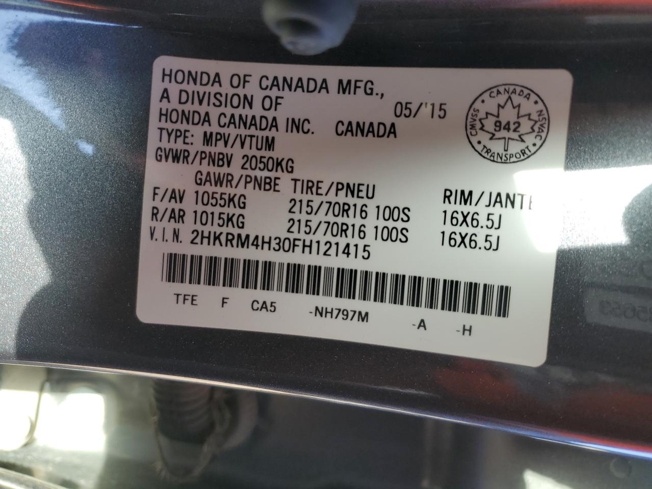 2015 Honda Cr-V Lx VIN: 2HKRM4H30FH121415 Lot: 86287085
