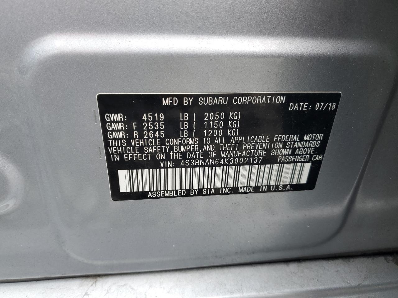 2019 Subaru Legacy 2.5I Limited VIN: 4S3BNAN64K3002137 Lot: 90837255