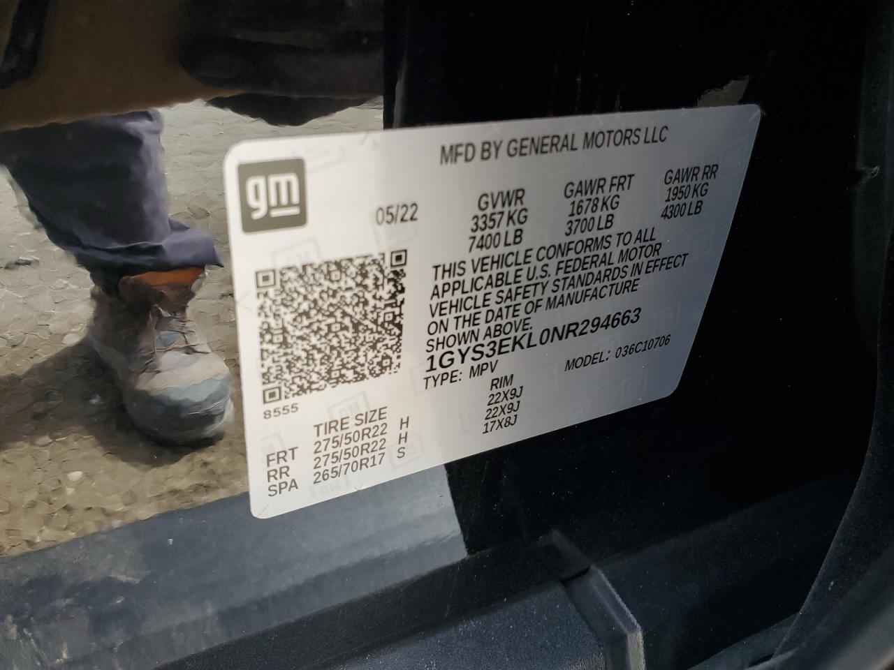 2022 Cadillac Escalade Sport VIN: 1GYS3EKL0NR294663 Lot: 82200285