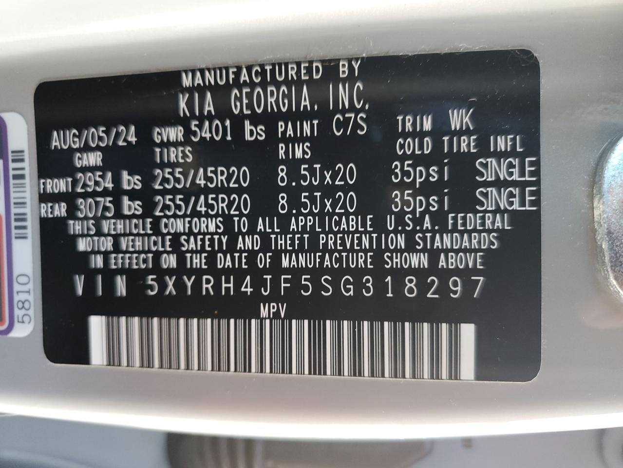 2025 Kia Sorento Ex VIN: 5XYRH4JF5SG318297 Lot: 87302025