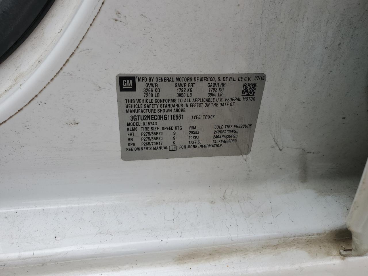 2017 GMC Sierra K1500 Slt VIN: 3GTU2NEC0HG118861 Lot: 90682185