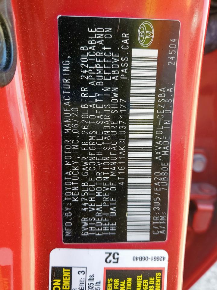 2020 Toyota Camry Se VIN: 4T1G11AK3LU371177 Lot: 85740025