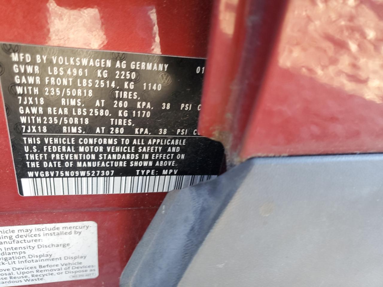 2009 Volkswagen Tiguan VIN: WVGBV75N09W527307 Lot: 81914695