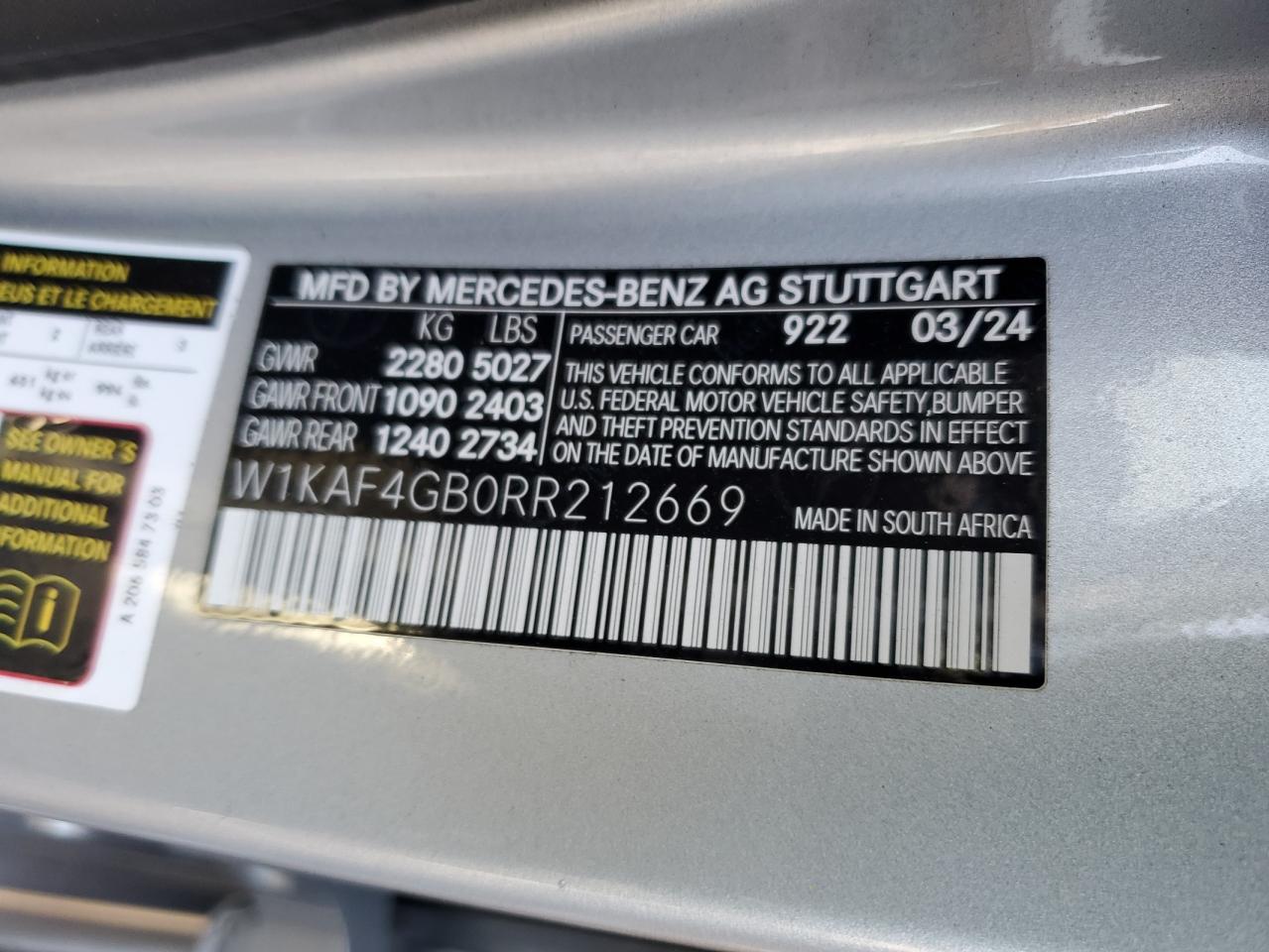 2024 Mercedes-Benz C 300 VIN: W1KAF4GB0RR212669 Lot: 89676715