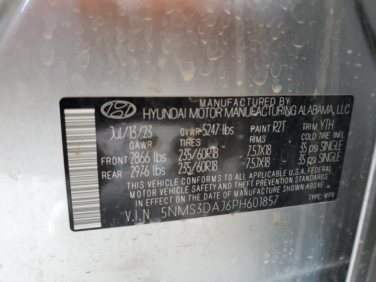 2023 Hyundai Santa Fe Sel Premium VIN: 5NMS3DAJ6PH601857 Lot: 85736895