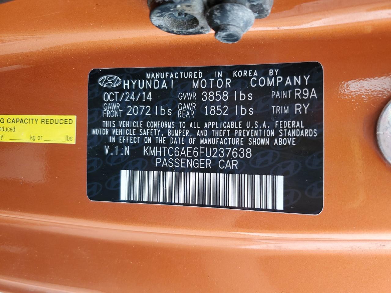 2015 Hyundai Veloster Turbo VIN: KMHTC6AE6FU237638 Lot: 90489065