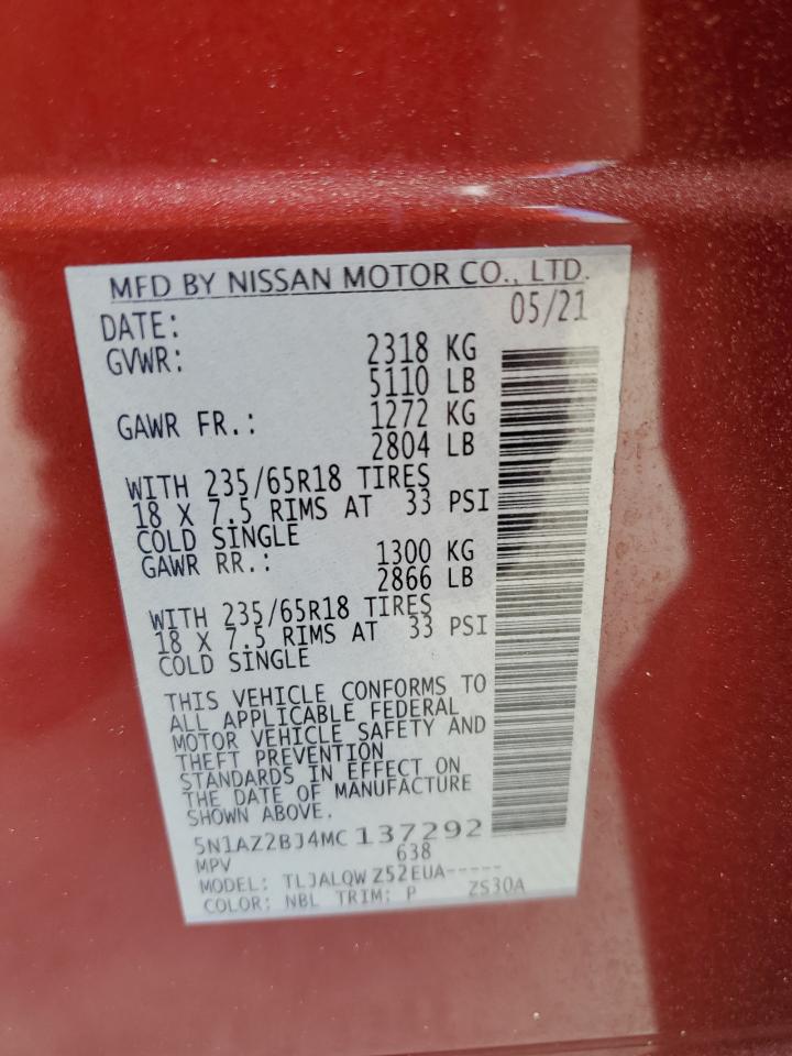 2021 Nissan Murano Sv VIN: 5N1AZ2BJ4MC137292 Lot: 84628515