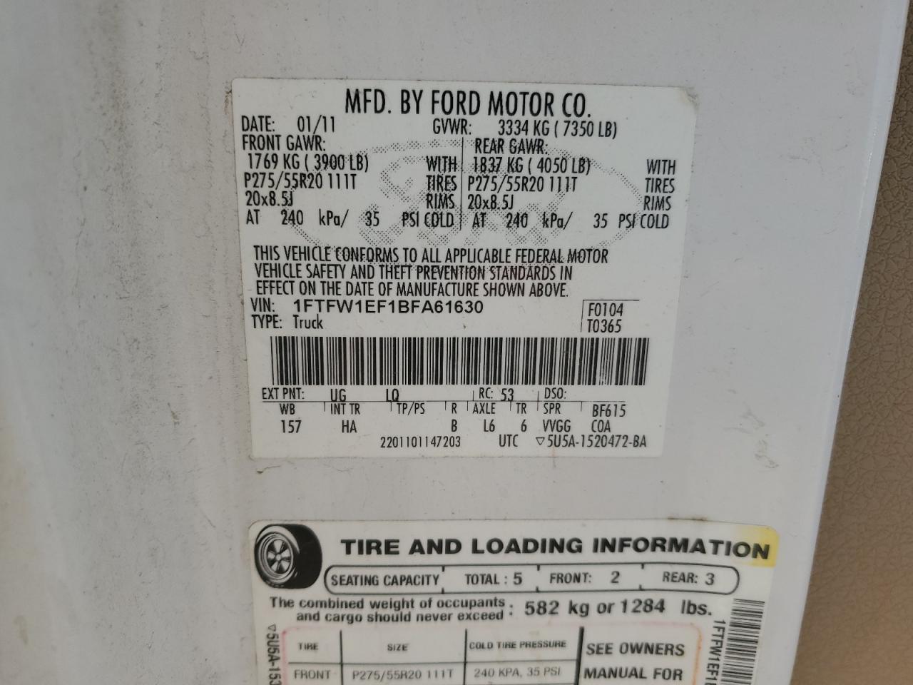 2011 Ford F150 Supercrew VIN: 1FTFW1EF1BFA61630 Lot: 82635635