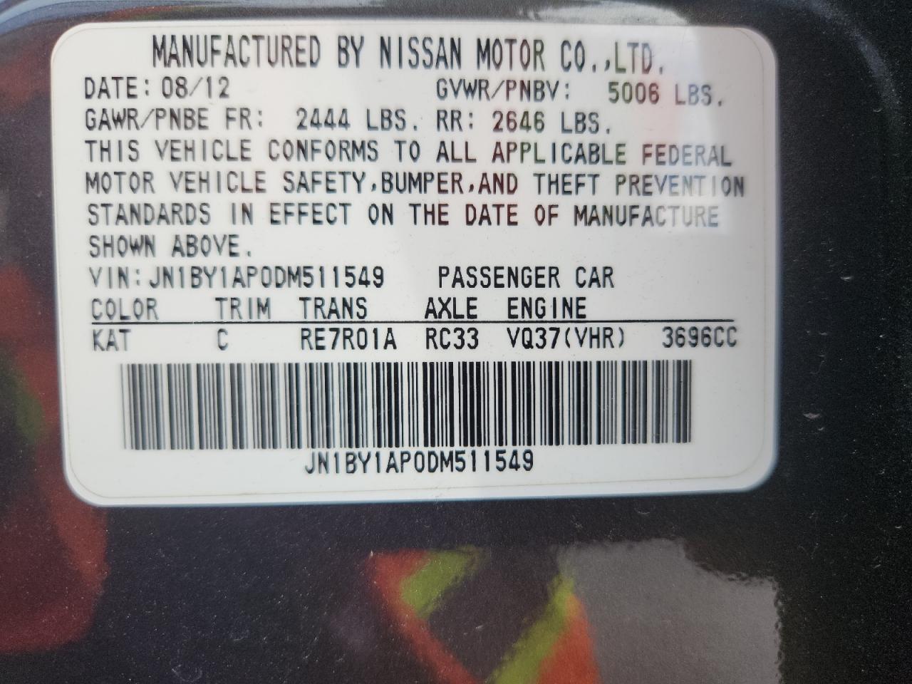 2013 Infiniti M37 VIN: JN1BY1AP0DM511549 Lot: 82514185