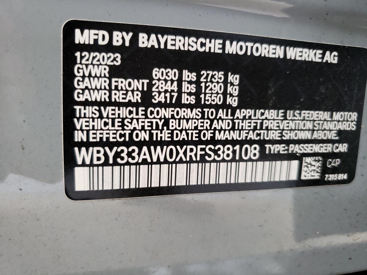 2024 BMW I4 M50 VIN: WBY33AW0XRFS38108 Lot: 84920775