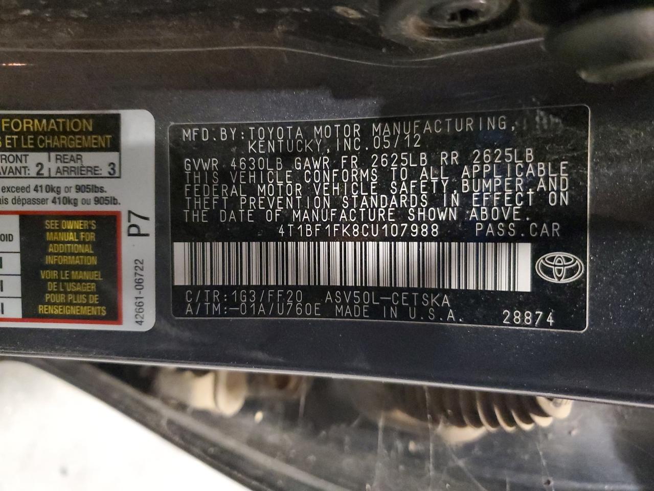 2012 Toyota Camry Base VIN: 4T1BF1FK8CU107988 Lot: 82592145