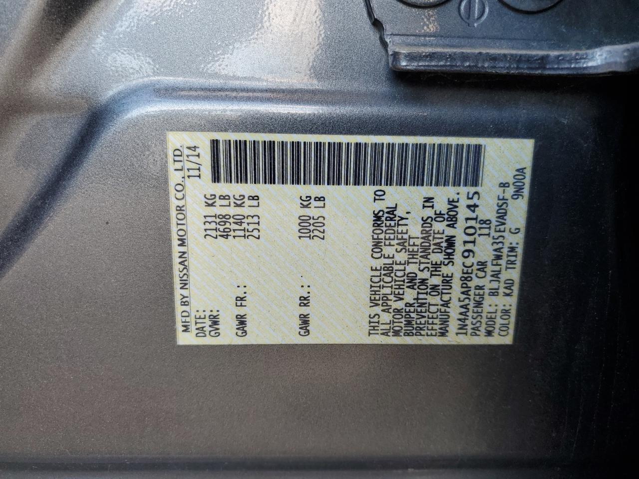 2014 Nissan Maxima S VIN: 1N4AA5AP8EC910145 Lot: 85505705