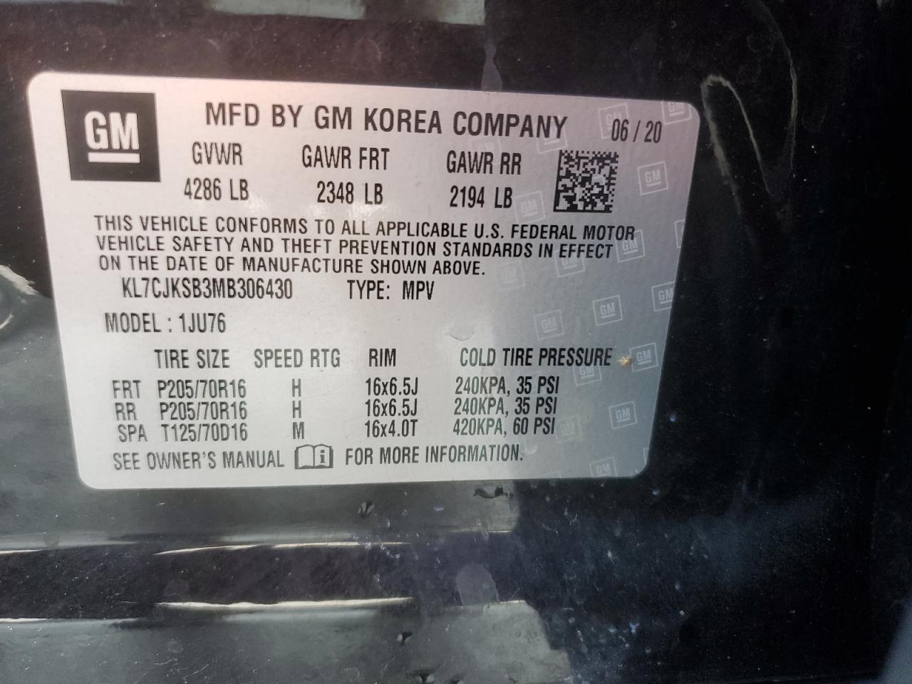 2021 Chevrolet Trax Ls VIN: KL7CJKSB3MB306430 Lot: 86340105