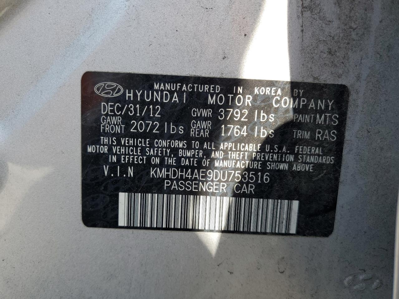 2013 Hyundai Elantra Gls VIN: KMHDH4AE9DU753516 Lot: 85689015