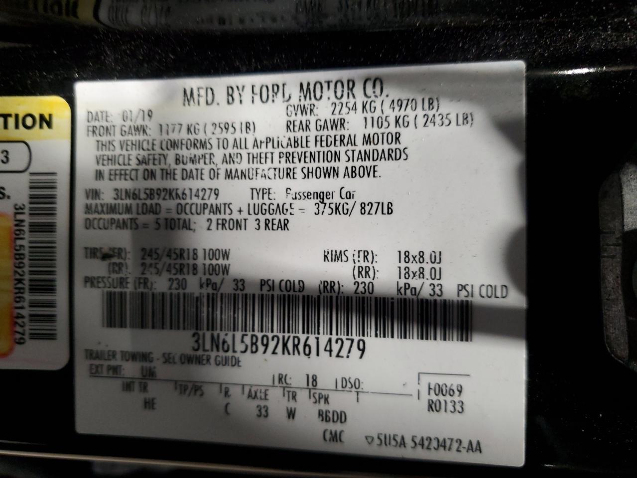 2019 Lincoln Mkz VIN: 3LN6L5B92KR614279 Lot: 82783425