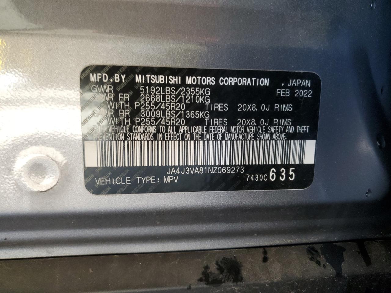 2022 Mitsubishi Outlander Sel VIN: JA4J3VA81NZ069273 Lot: 86118375