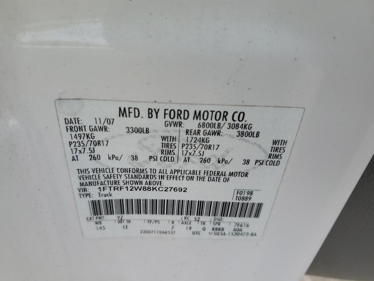 2008 Ford F150 VIN: 1FTRF12W88KC27692 Lot: 82567155