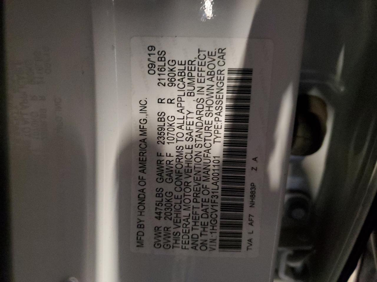 2020 Honda Accord Sport VIN: 1HGCV1F31LA001101 Lot: 89578245