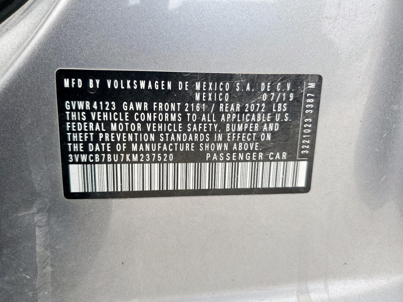 2019 Volkswagen Jetta S VIN: 3VWCB7BU7KM237520 Lot: 86782305