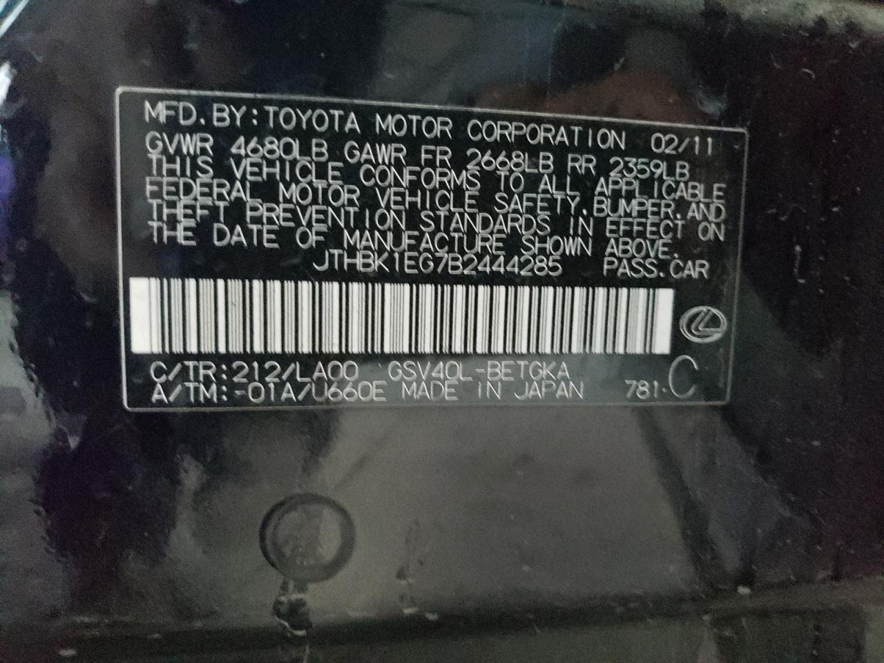 2011 Lexus Es 350 VIN: JTHBK1EG7B2444285 Lot: 84478935