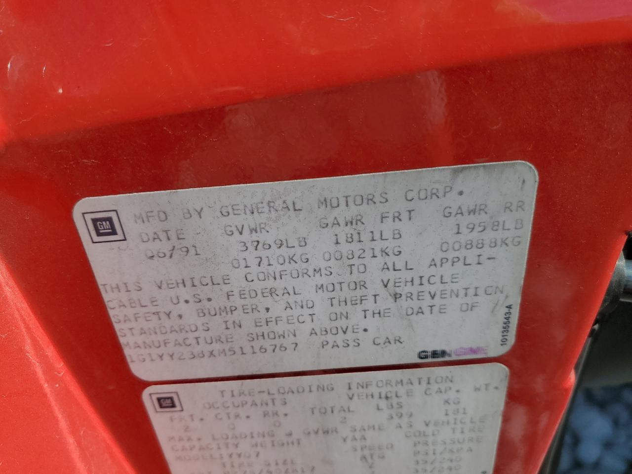 1991 Chevrolet Corvette VIN: 1G1YY238XM5116767 Lot: 89826795