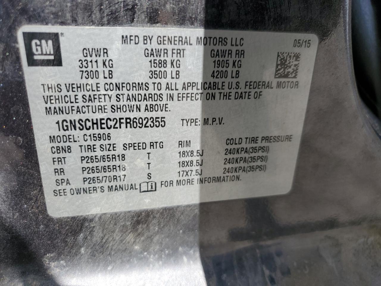 2015 Chevrolet Suburban C1500 Ls VIN: 1GNSCHEC2FR692355 Lot: 84701685