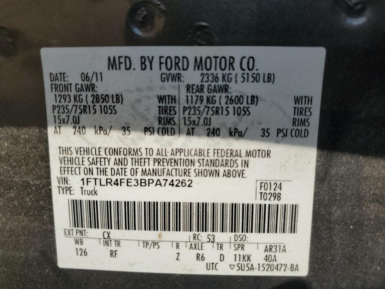 2011 Ford Ranger Super Cab VIN: 1FTLR4FE3BPA74262 Lot: 85191825