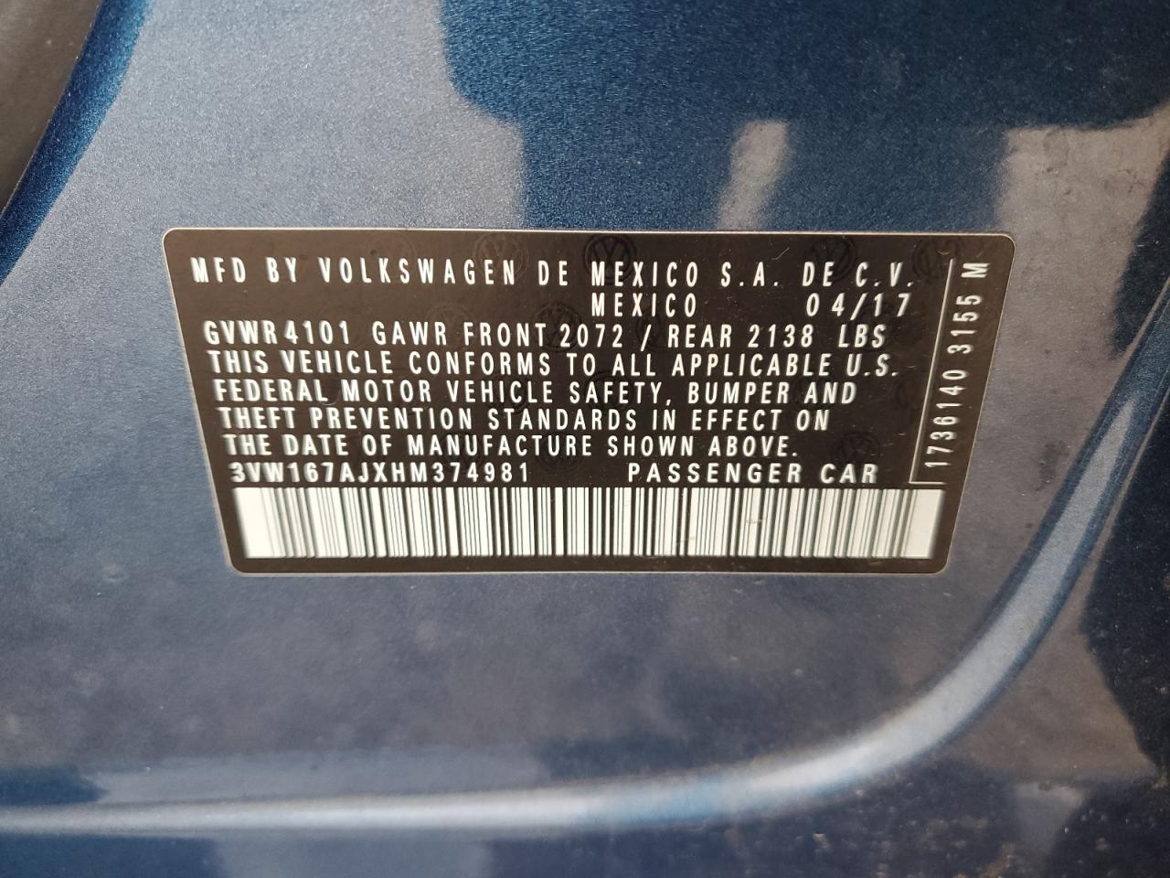 2017 Volkswagen Jetta S VIN: 3VW167AJXHM374981 Lot: 86091195