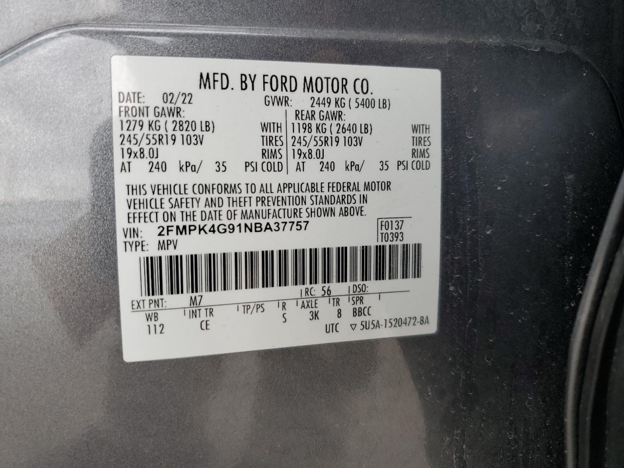 2022 Ford Edge Se VIN: 2FMPK4G91NBA37757 Lot: 83841075